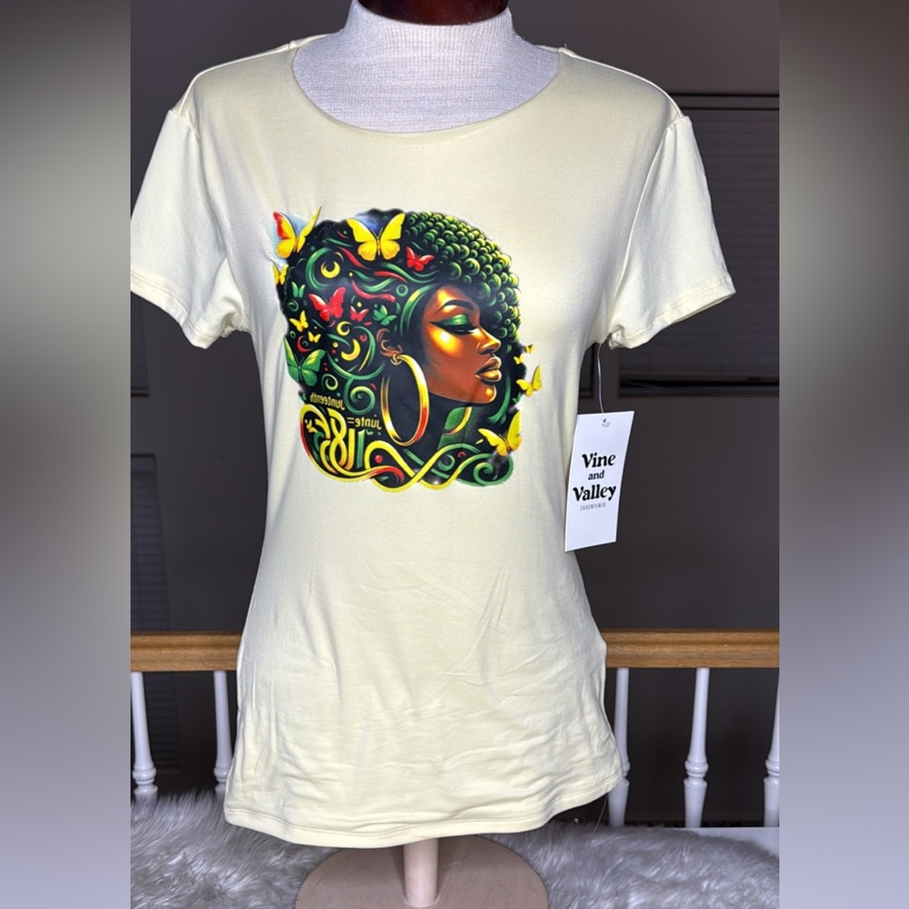 Vine and Valley Women's Yellow Graphic Tee Large Juneteenth Queen New
